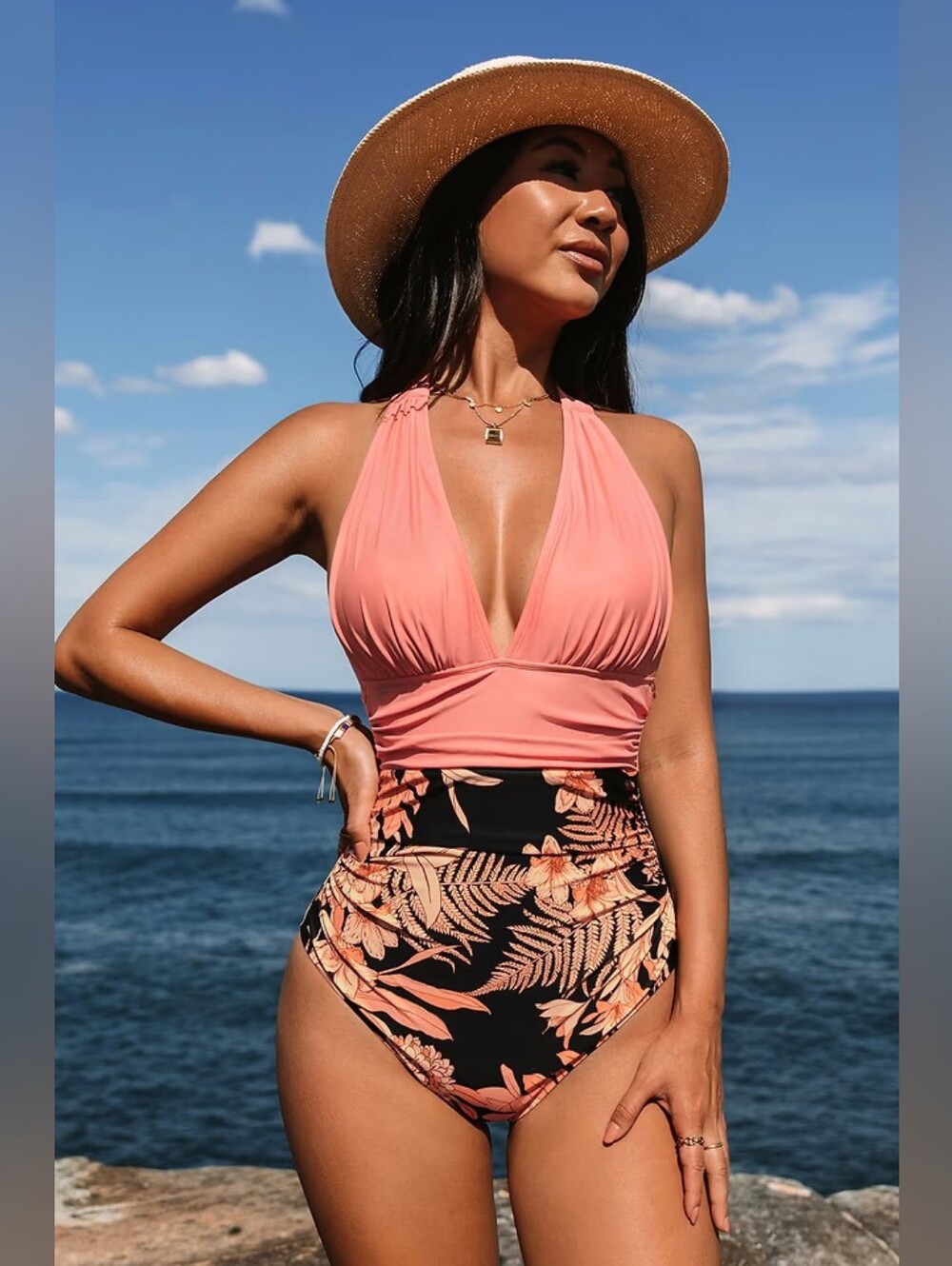 Havana Tropical Plunge Halter Ruched One Piece Swimsuit 💥 BRAND NEW 💥